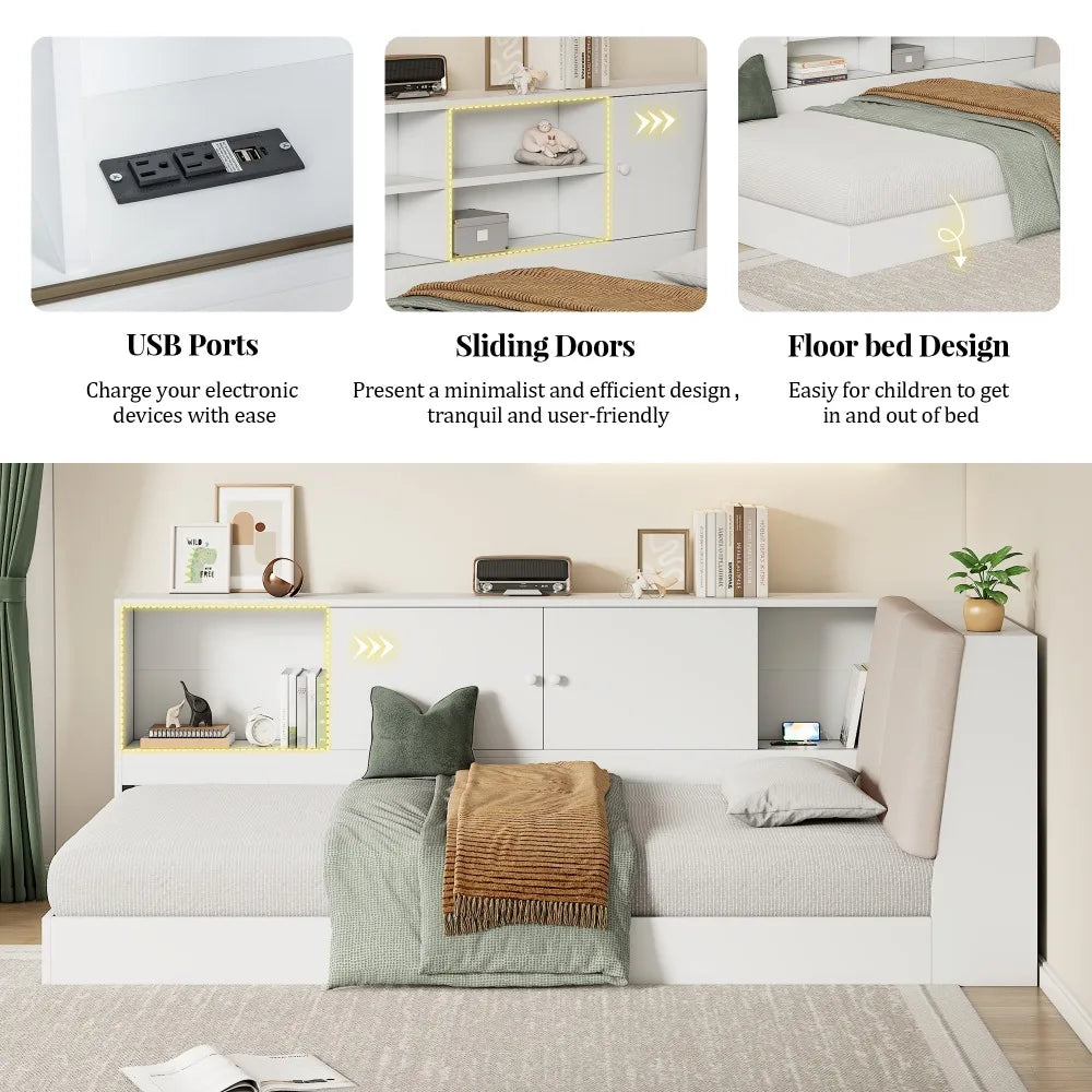 Wooden Twin Size L-shaped Daybed Floor Corner Bed with Storage Bookcase and Upholstered Headboard and USB Charging Ports White