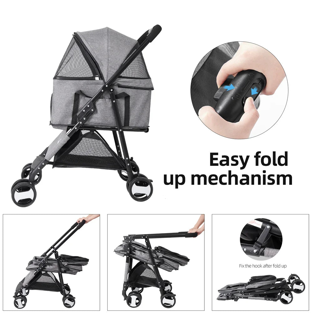 Foldable Pet Stroller For Small Dogs With Rain Cover