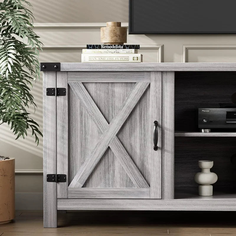 Yeshomy Modern Farmhouse TV Stand with Two Barn Doors and Storage Cabinets for TVs up to 65 Inches Gray Wash
