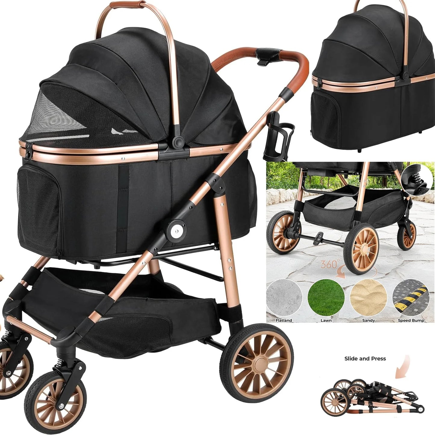 Foldable Pet Stroller 2in1 Dog Cat Buggy With Car Holder