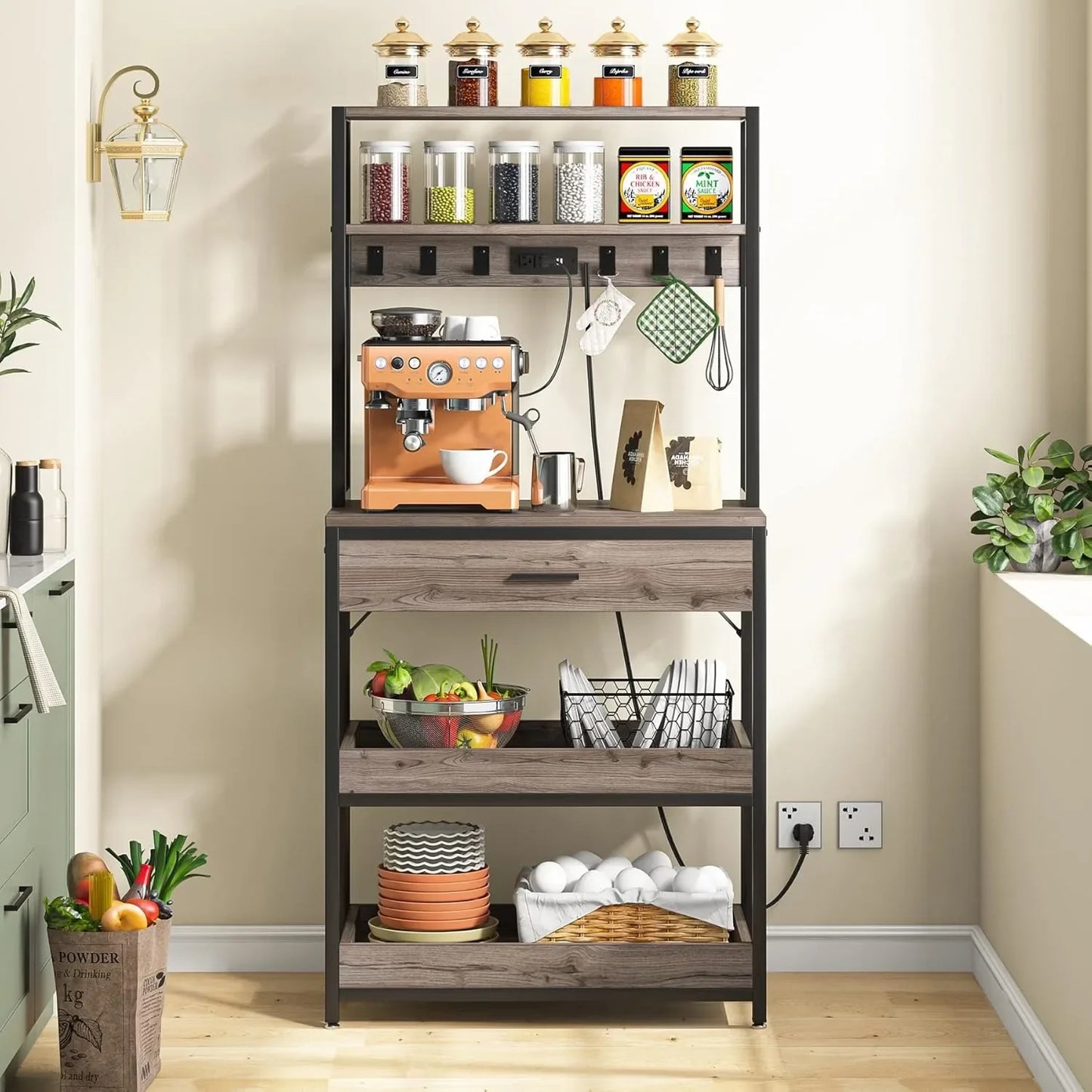 Little Tree Kitchen Bakers Rack With Power Outlets Stand