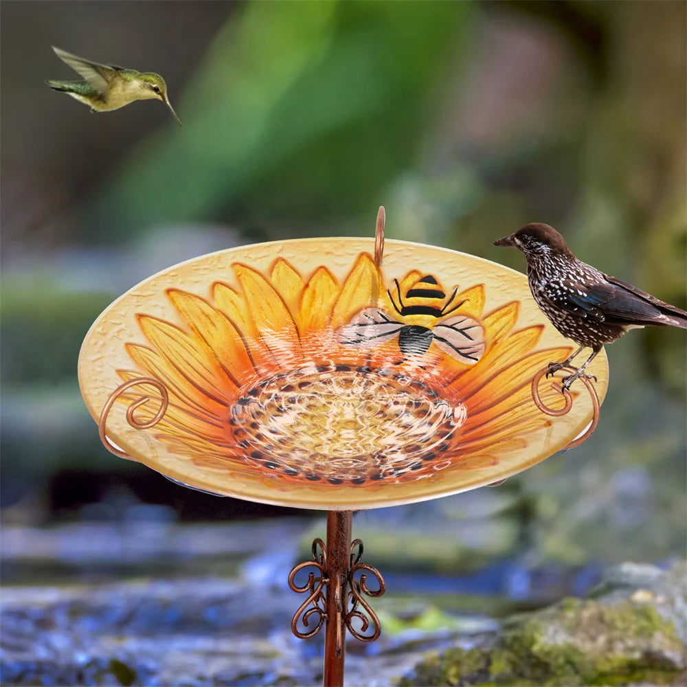 Glass Bird Bath With Metal Stake Bee Sunflower Design