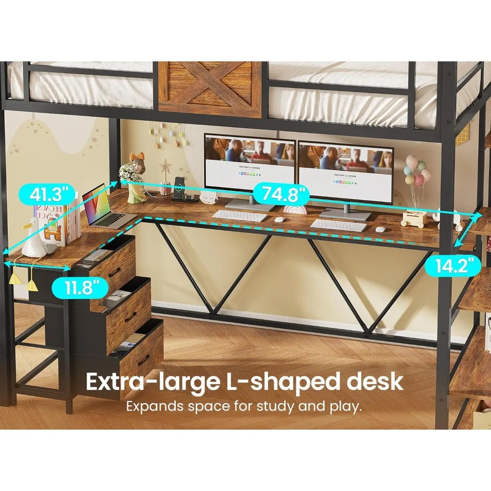 MKDK Metal Loft Bed With L Shaped Desk And Wardrobe Storage Stairs