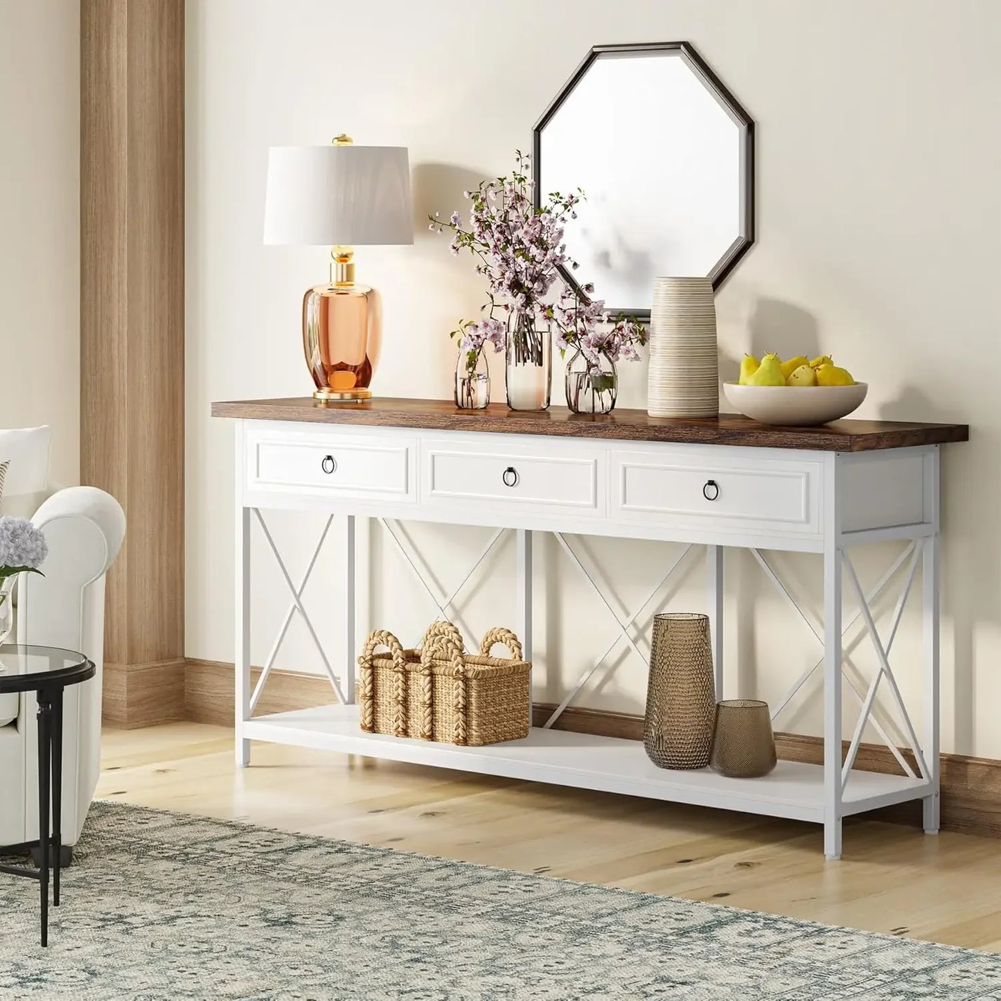 XMSJ Farmhouse Console Table With 3 Drawers Storage