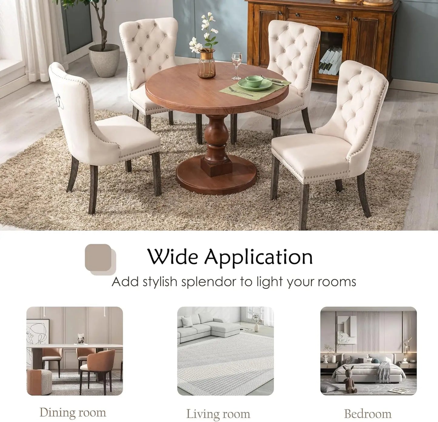 Velvet Dining Chairs Set of 6 Upholstered High End Tufted Dining Room Chairs with Nailhead Back Ring Pull Trim Solid Wood Legs Nikki Collection Modern Style for Kitchen Beige