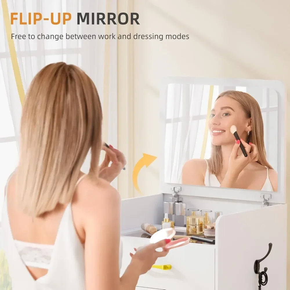 3 in 1 Flip Top Vanity Desk With Mirror And Drawers