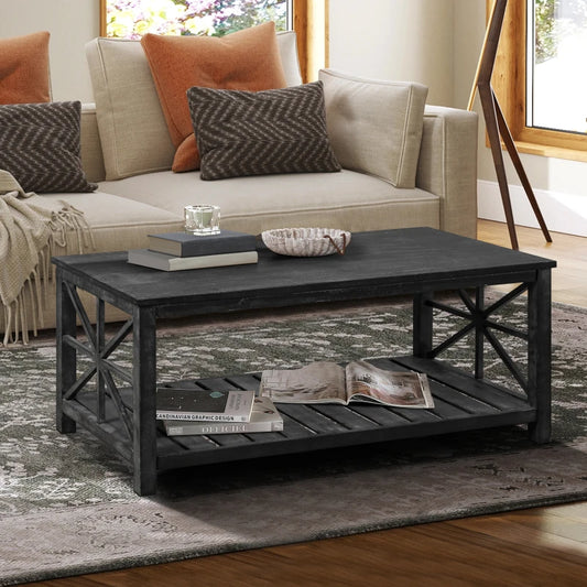 47 Inch Farmhouse Rectangle Coffee Table With Storage Shelf