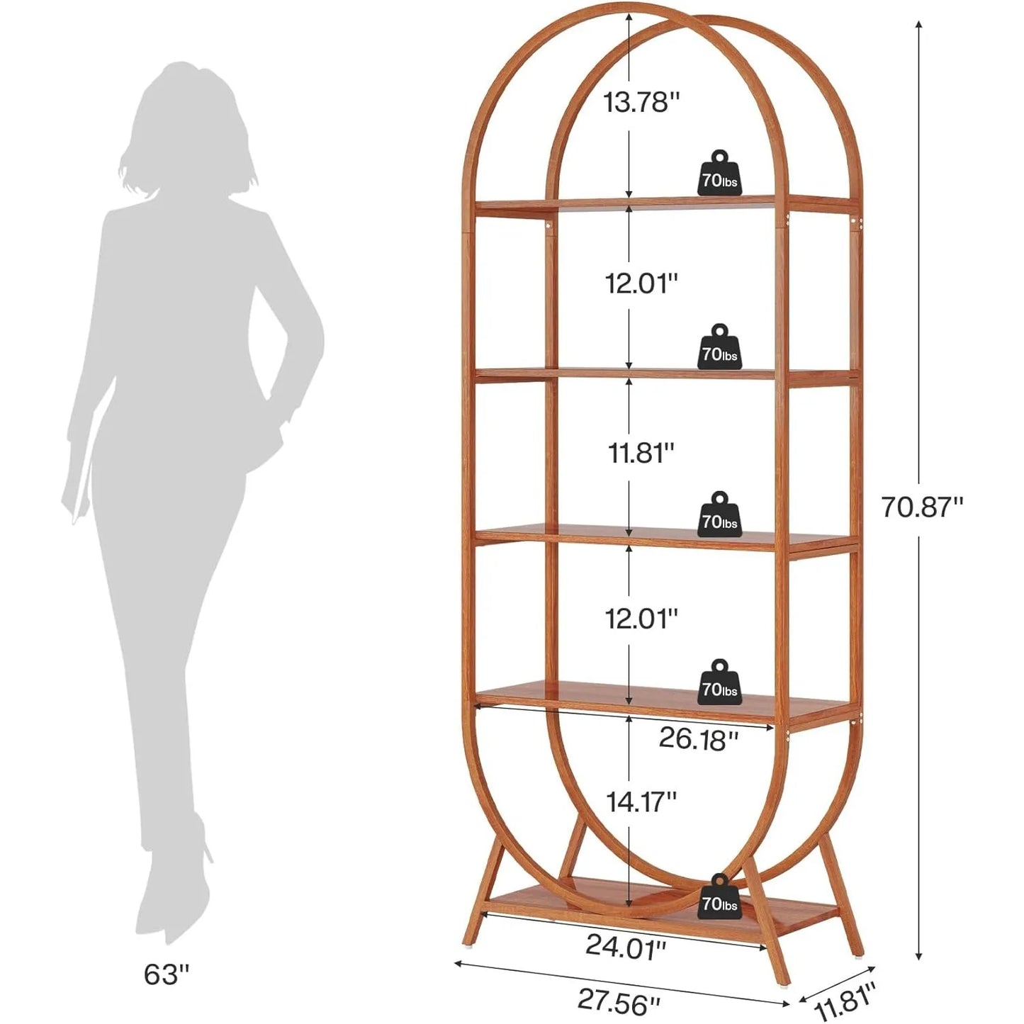 Five Tier Arched Bookcase 70.8 Inch Tall Modern Open Shelf