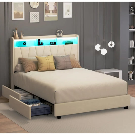 Full Size Velvet Upholstered LED Platform Bed With Storage