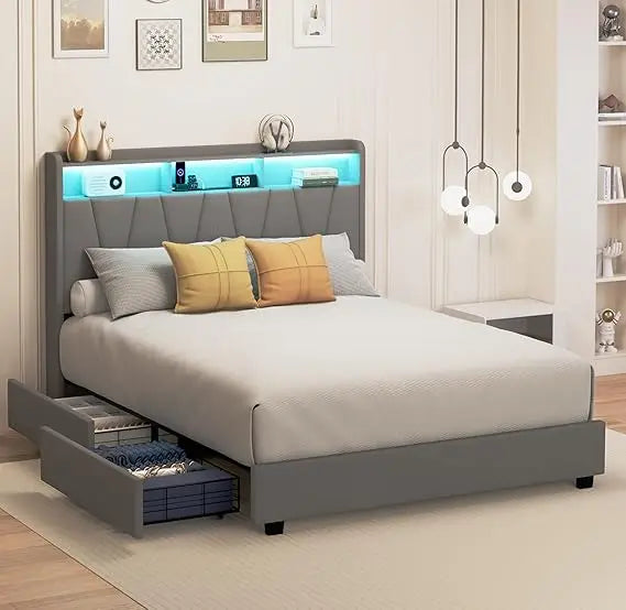 Full Size Velvet Upholstered LED Platform Bed With Storage