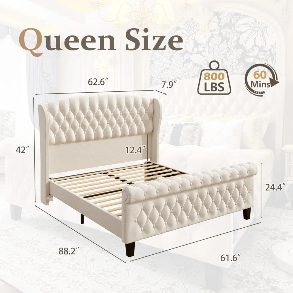 XMSJ Velvet Sleigh Bed Frame Modern Style Metal Design
