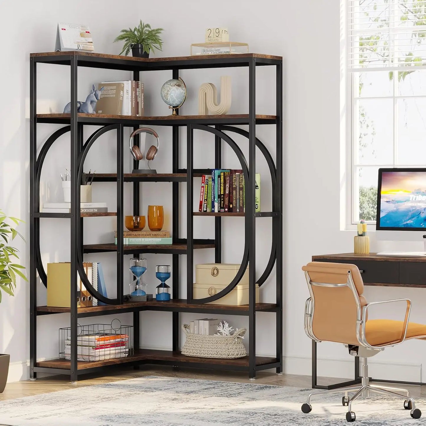7 Shelf L Shaped Corner Bookshelf With Metal Frame Storage