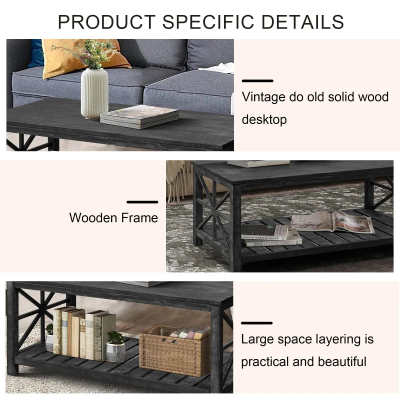 47 Inch Farmhouse Rectangle Coffee Table With Storage Shelf