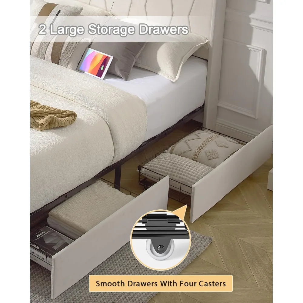 Full Size Velvet Upholstered LED Platform Bed With Storage