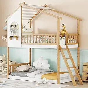 MKDK Kids House Bunk Bed With Tent Guardrail Slide