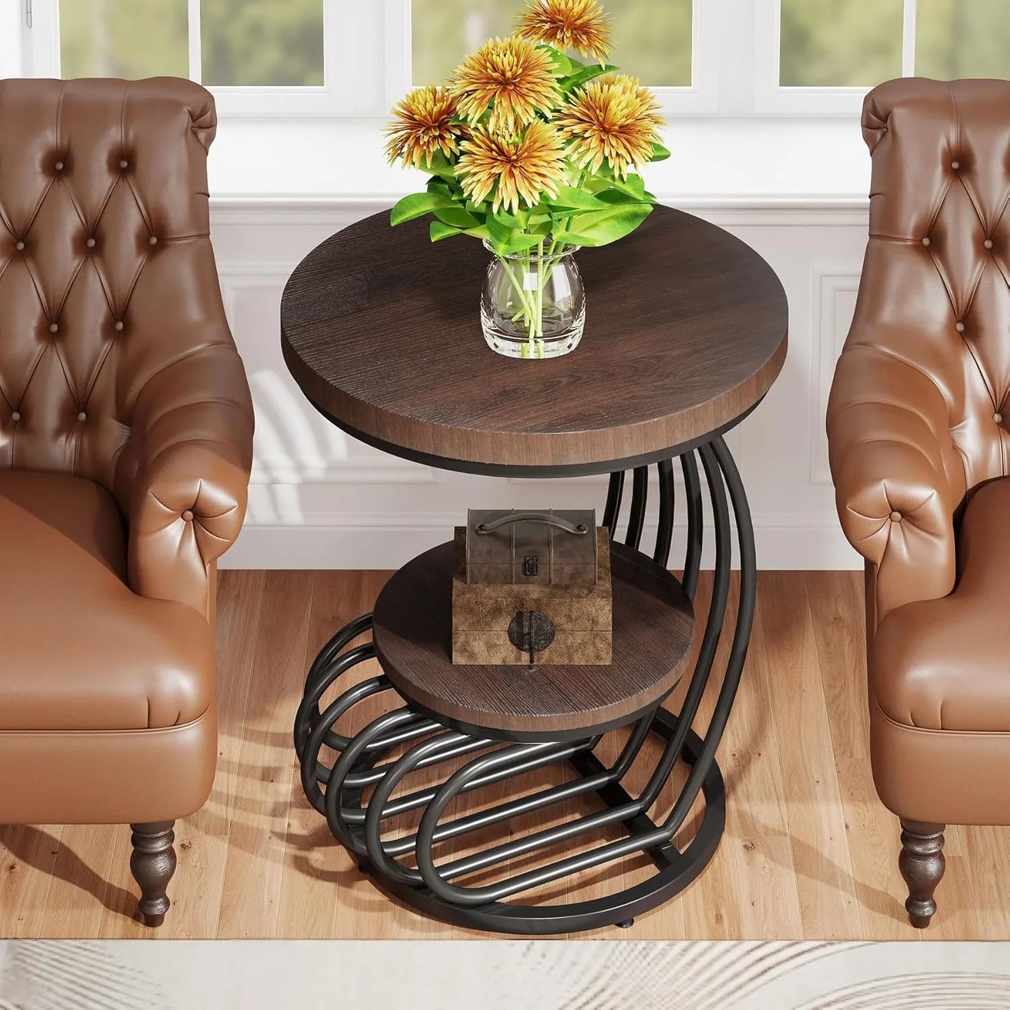 Round End Side Table with Two Tiers Storage Shelves Small Bedside Accent Table with Arc Shaped Frame