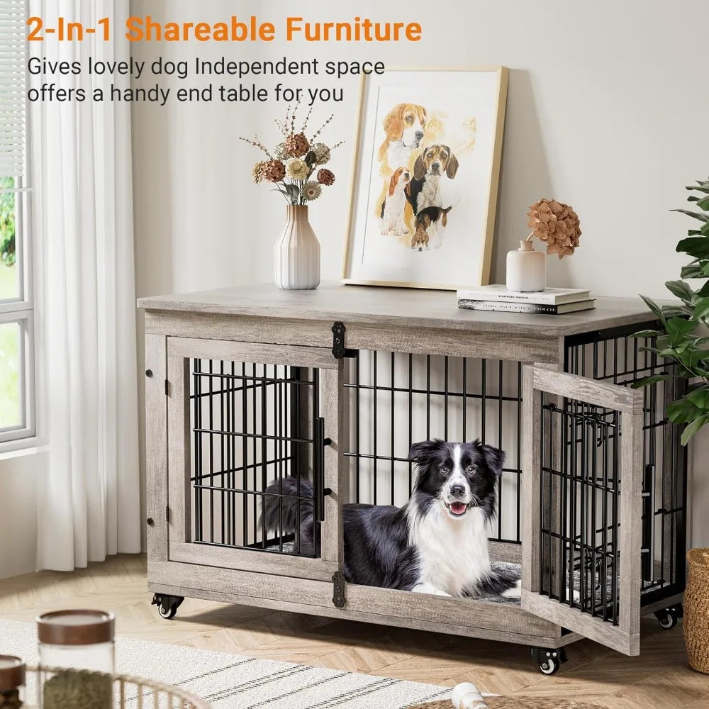 Wooden Double Door Dog Crate Set With Cushion Wheels