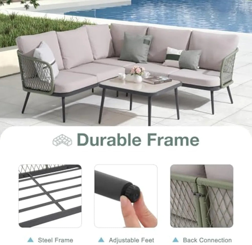 Orange 5 Seat L Shaped Wicker Patio Sofa Set With Table