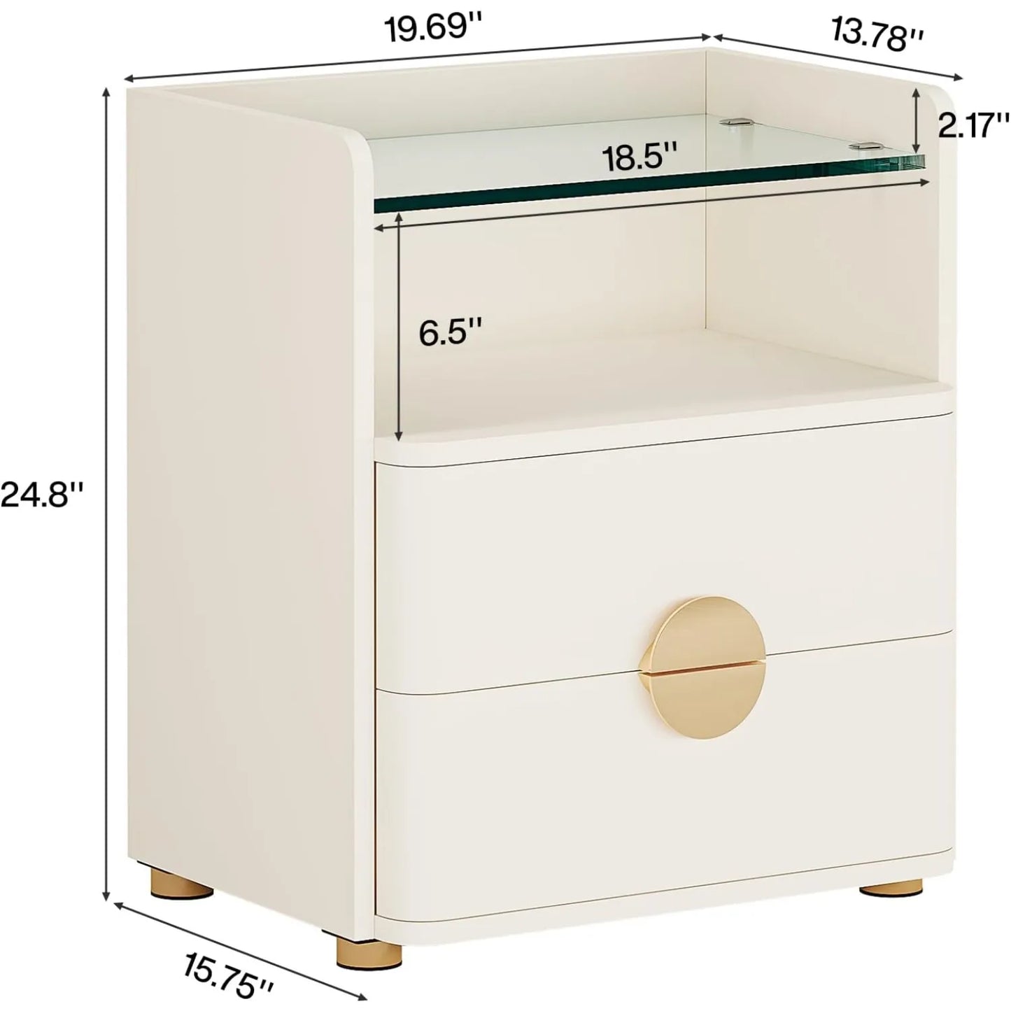 Modern White Nightstand With 2 Drawers And Shelf For Bedroom