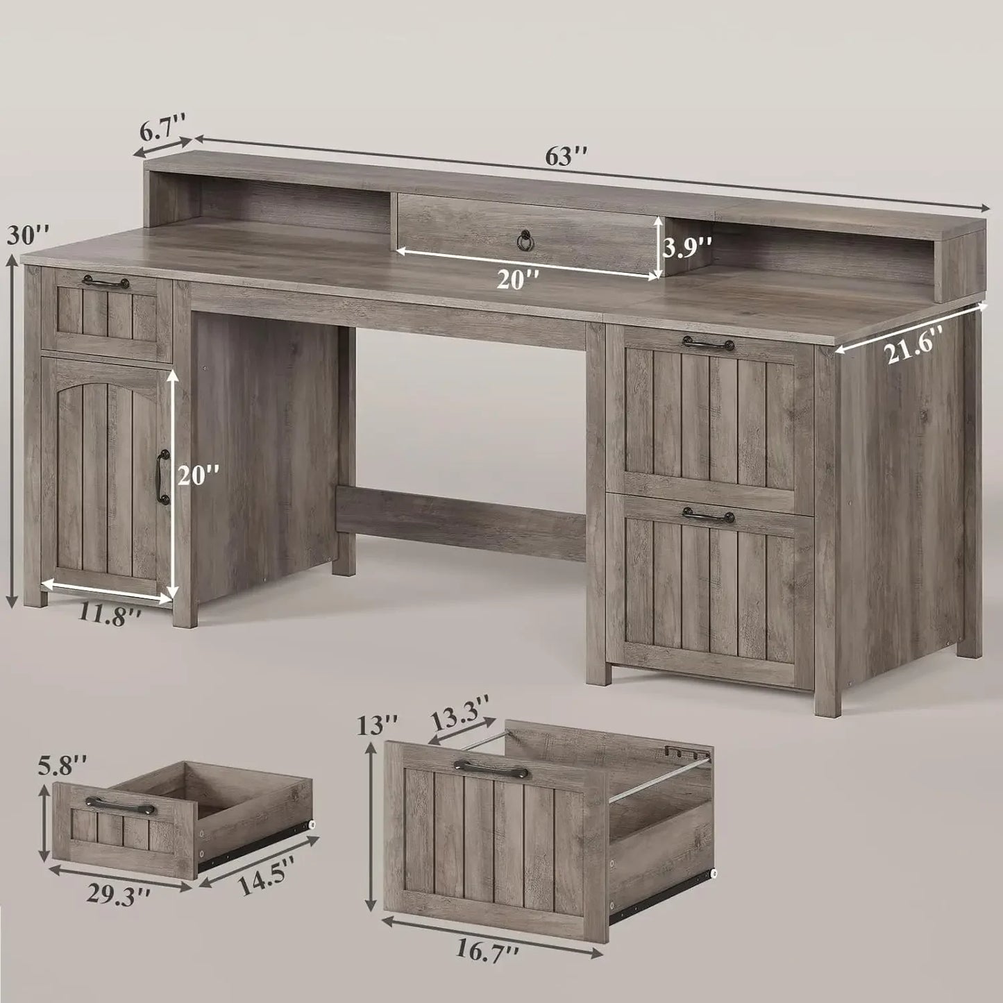 Farmhouse 63 Inch Executive L Shape Desk With Storage