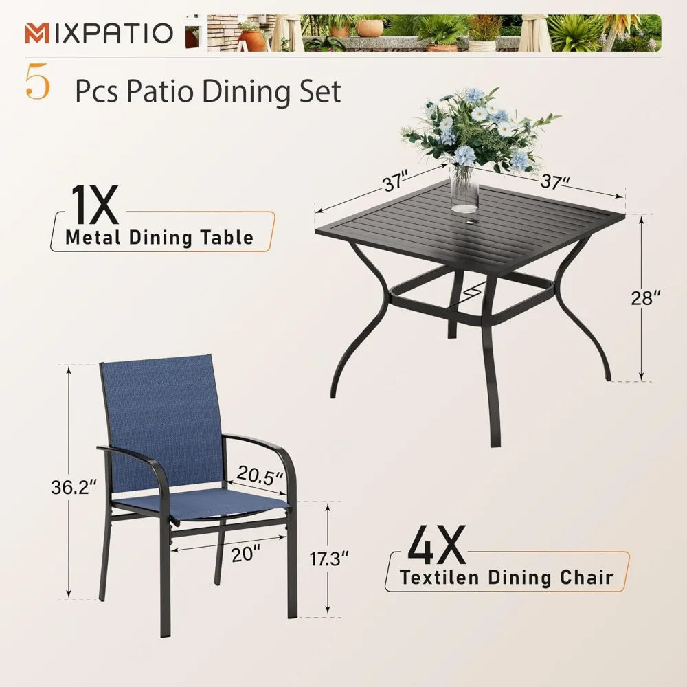 5 Piece Patio Dining Set With Blue Chairs And Umbrella