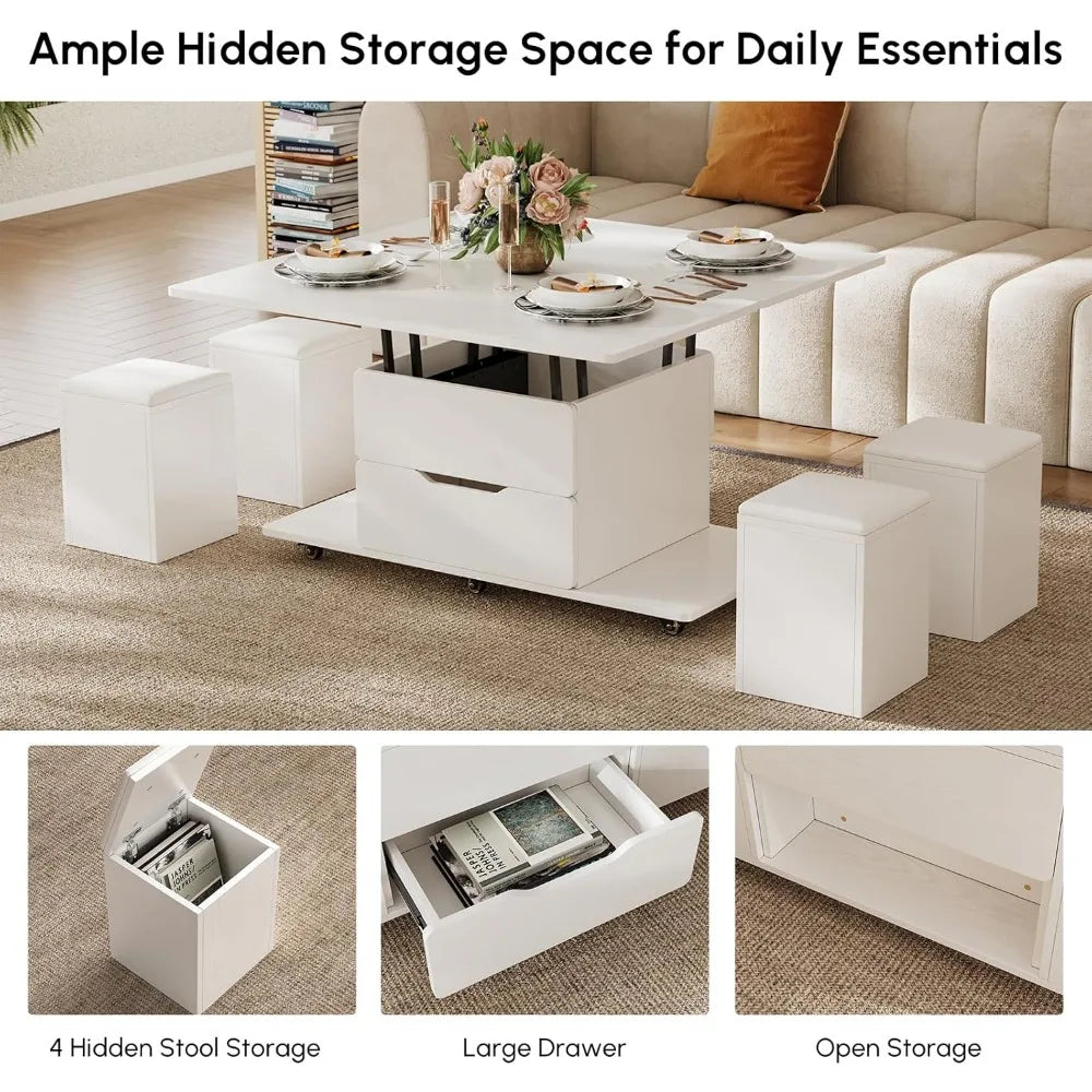White Lift Top Coffee Table with Hidden Storage and 4 Stools Modern Multi-Function Folding Center Table on Casters