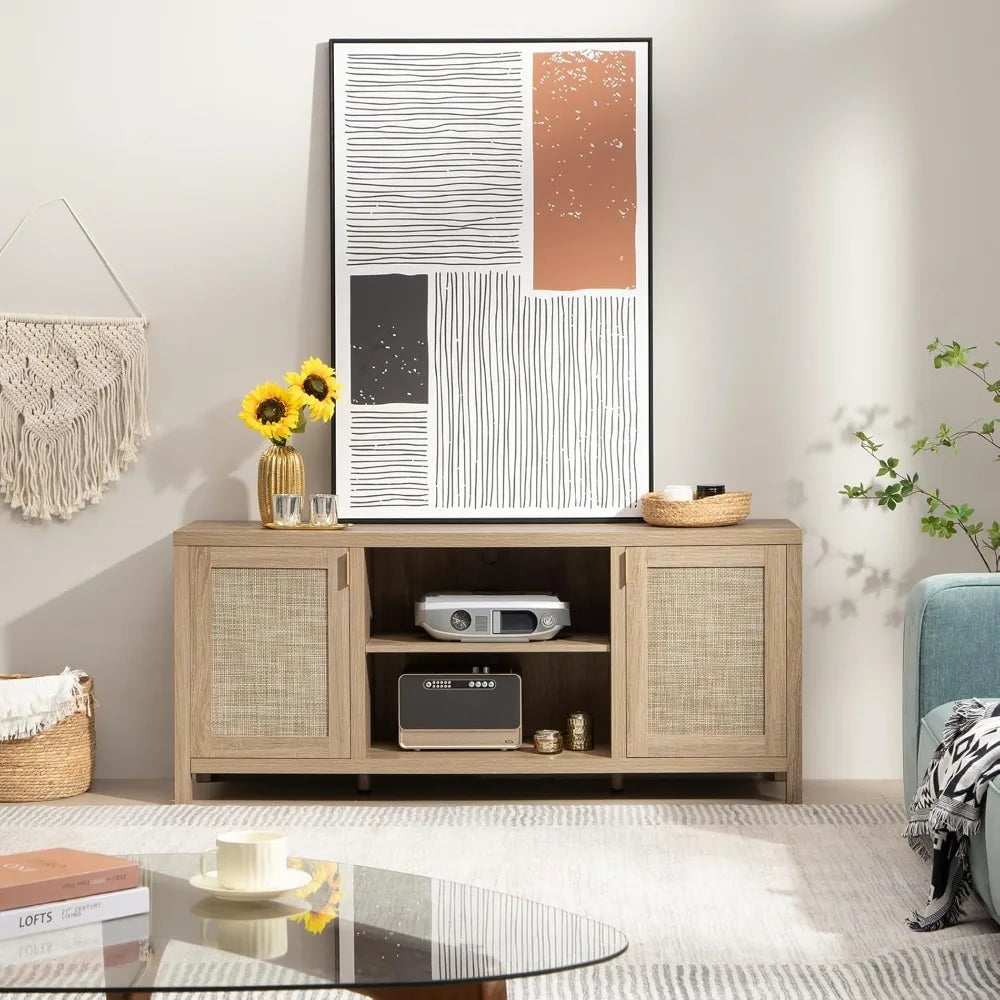 Rattan TV Stand 59 Inch Boho Console With Storage Shelf
