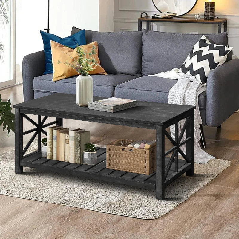 47 Inch Farmhouse Rectangle Coffee Table With Storage Shelf