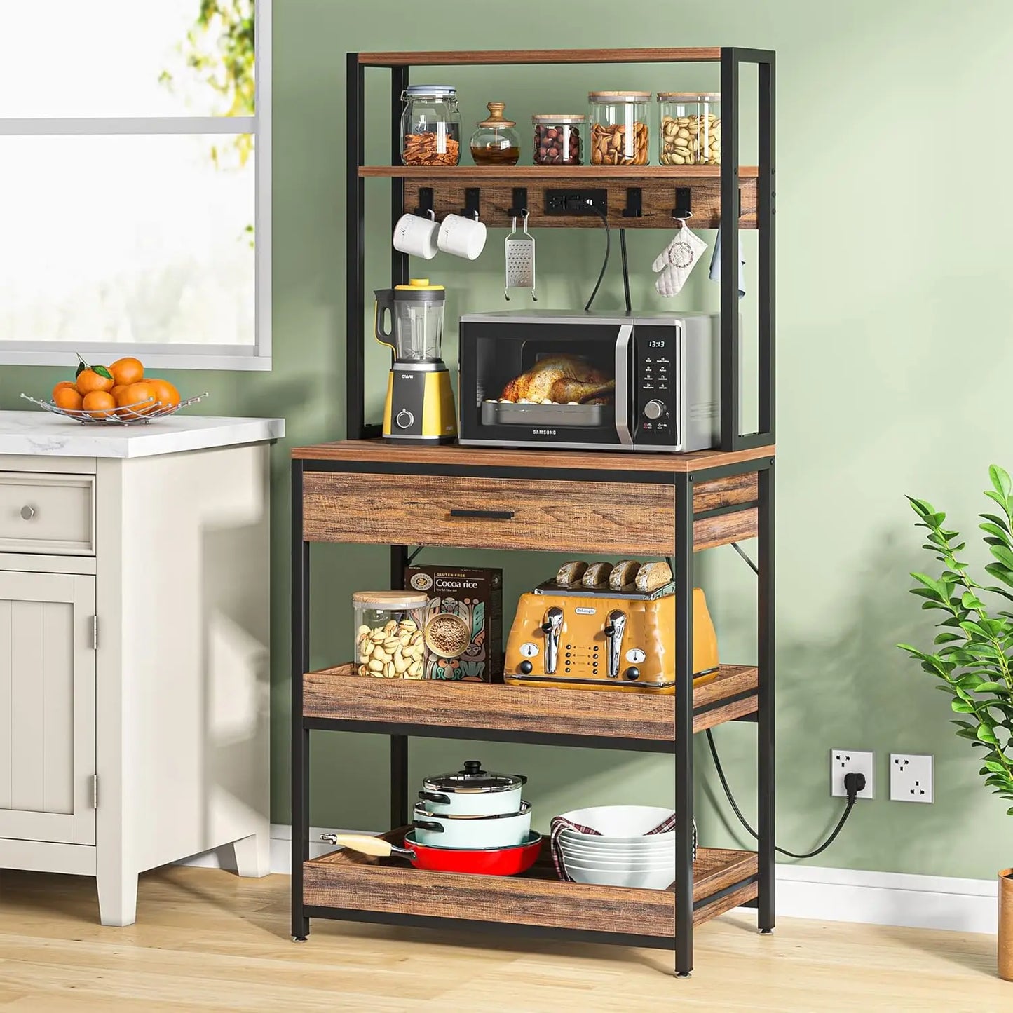 Little Tree Kitchen Bakers Rack With Power Outlets Stand