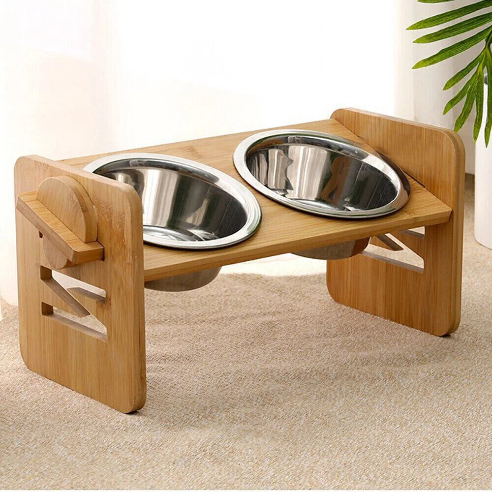 Adjustable Bamboo Elevated Dog Bowl Stand With 2 Bowls
