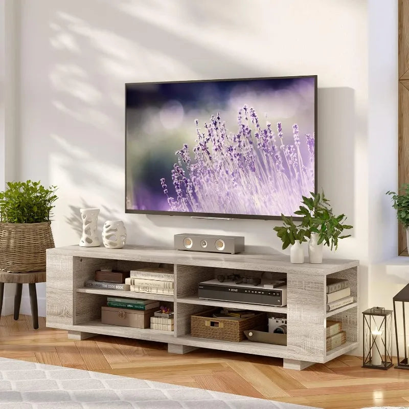 Tangkula Wood TV Stand for TVs up to 65 Inch Flat Screen,Modern Entertainment Center with 8 Open Shelves, (White Oak)