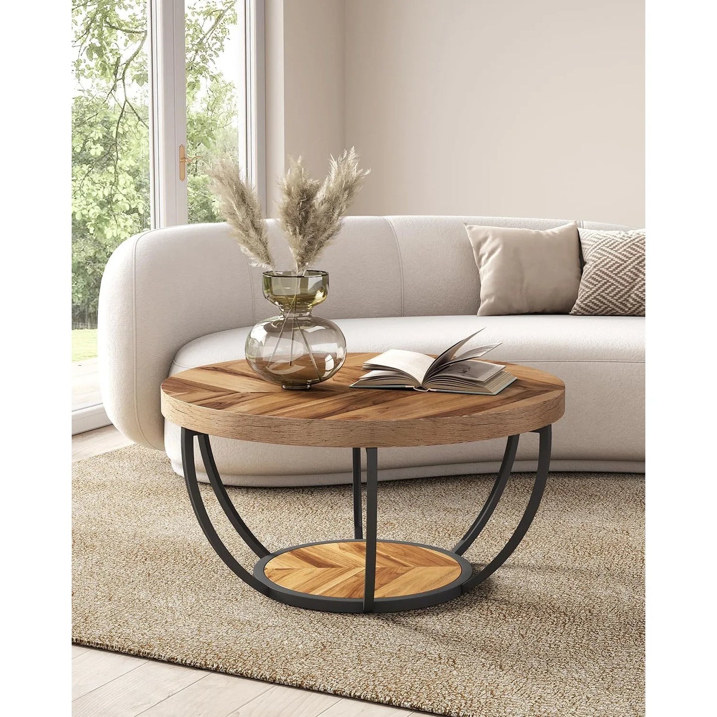 Little Tree 32 Inch Round Coffee Table 2 Tier Open Storage
