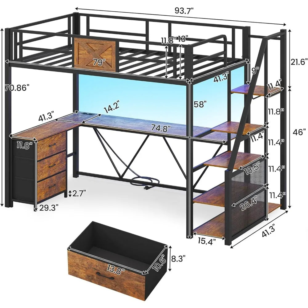 MKDK Metal Loft Bed With L Shaped Desk And Wardrobe Storage Stairs