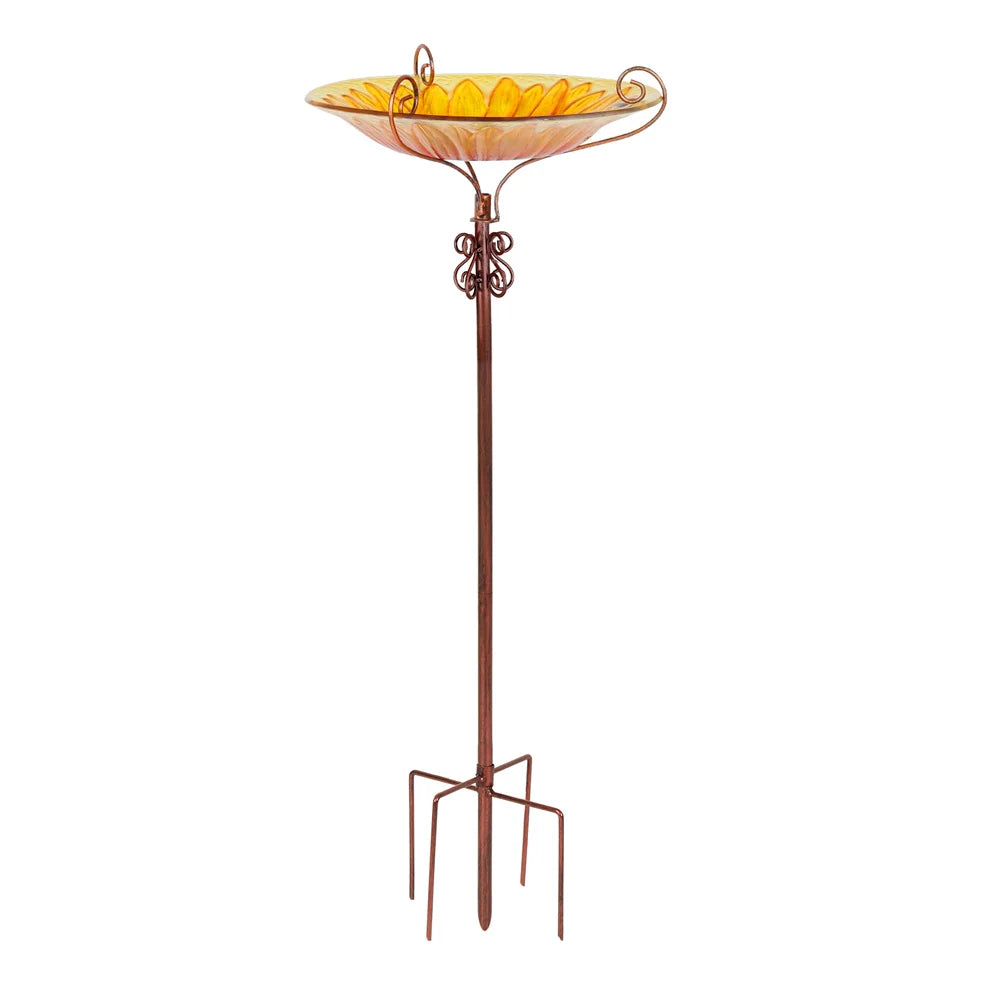 Glass Bird Bath With Metal Stake Bee Sunflower Design