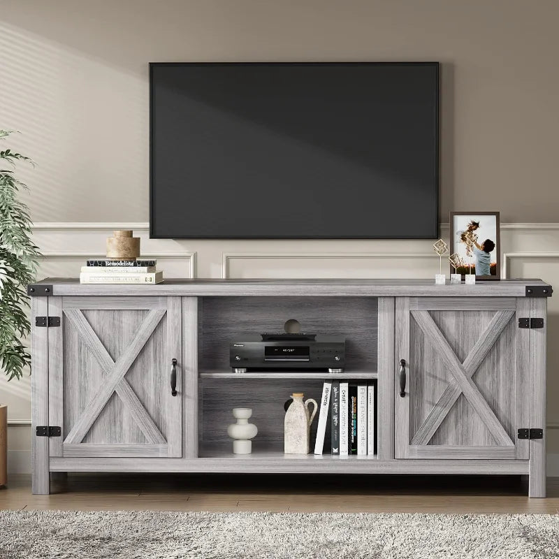 Yeshomy Modern Farmhouse TV Stand with Two Barn Doors and Storage Cabinets for TVs up to 65 Inches Gray Wash