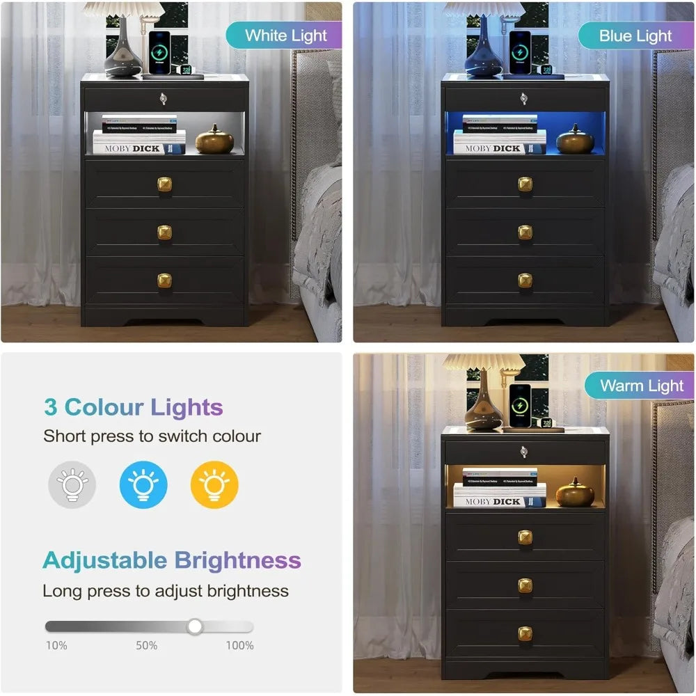 Modern LED Nightstand With 3 Drawers Glass Top And Wireless Charging