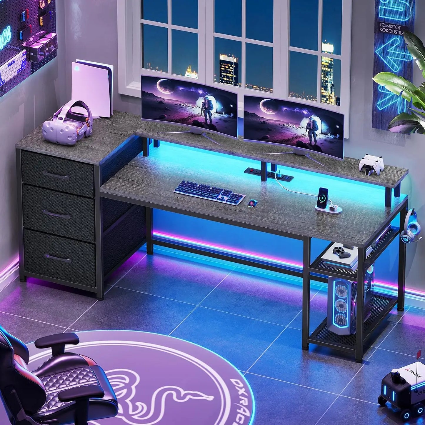 ZHUXIANG Computer Desk With Storage And LED Lighting