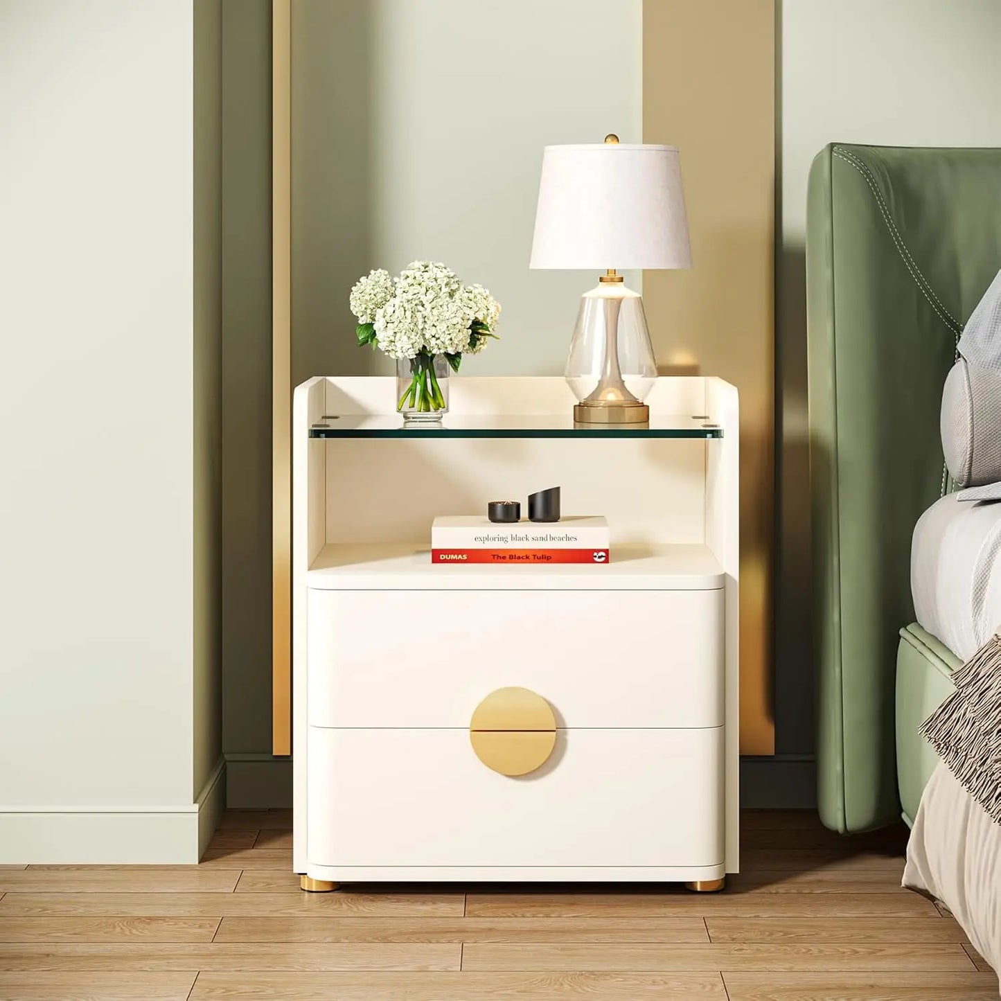 Modern White Nightstand With 2 Drawers And Shelf For Bedroom