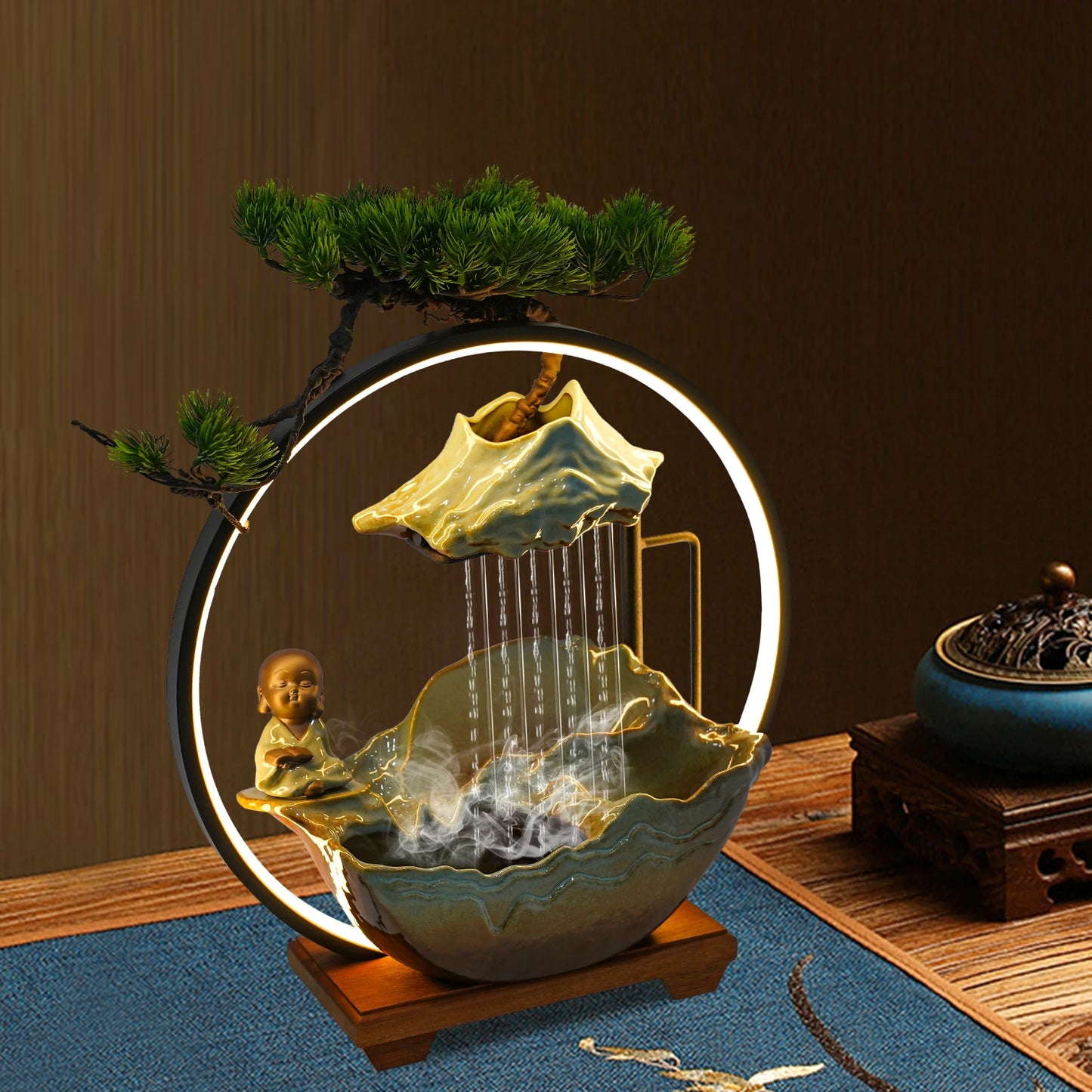 Modern Ceramic And Wood Tabletop Zen Water Fountain Desktop