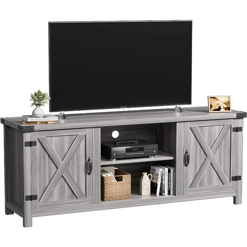Yeshomy Modern Farmhouse TV Stand with Two Barn Doors and Storage Cabinets for TVs up to 65 Inches Gray Wash