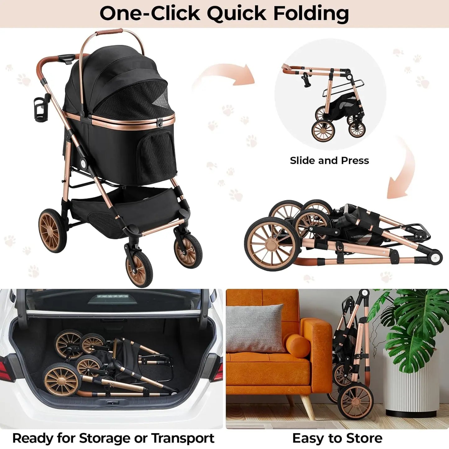 Foldable Pet Stroller 2in1 Dog Cat Buggy With Car Holder