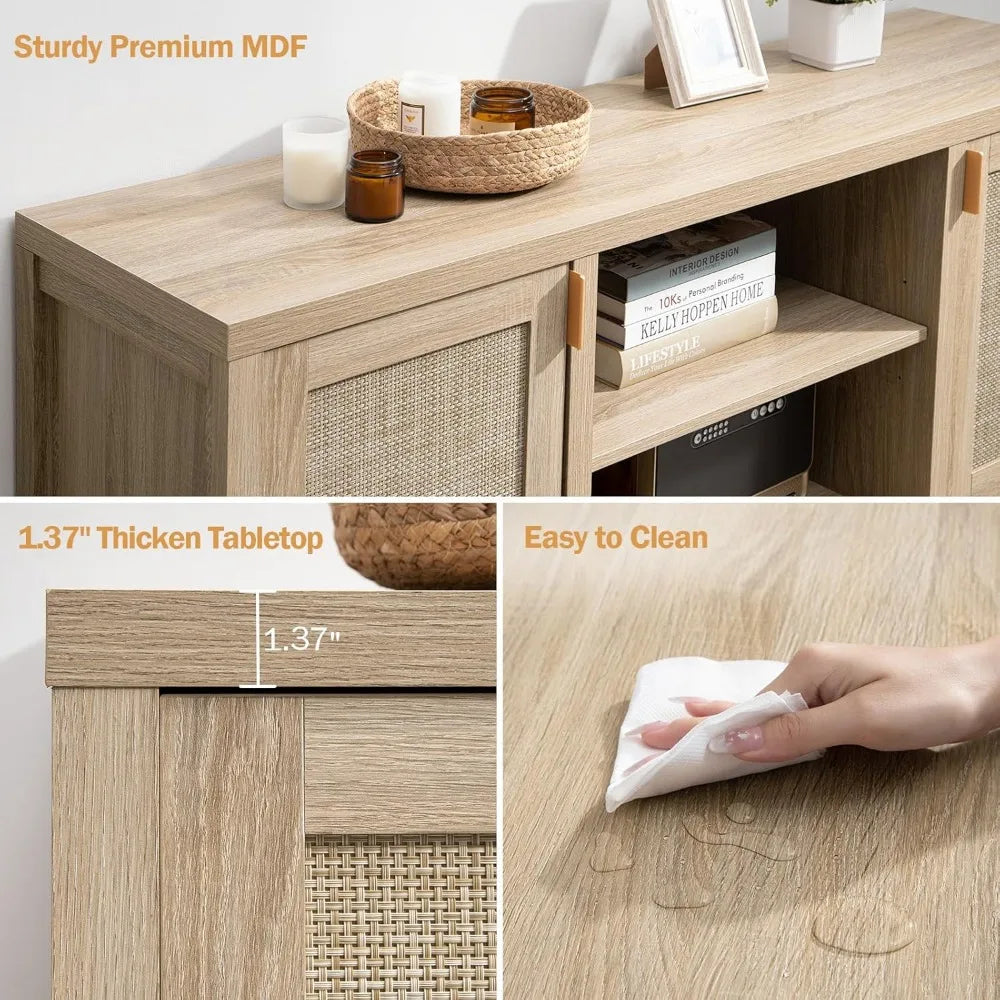 Rattan TV Stand 59 Inch Boho Console With Storage Shelf