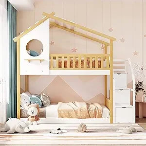 MKDK Kids House Bunk Bed With Tent Guardrail Slide