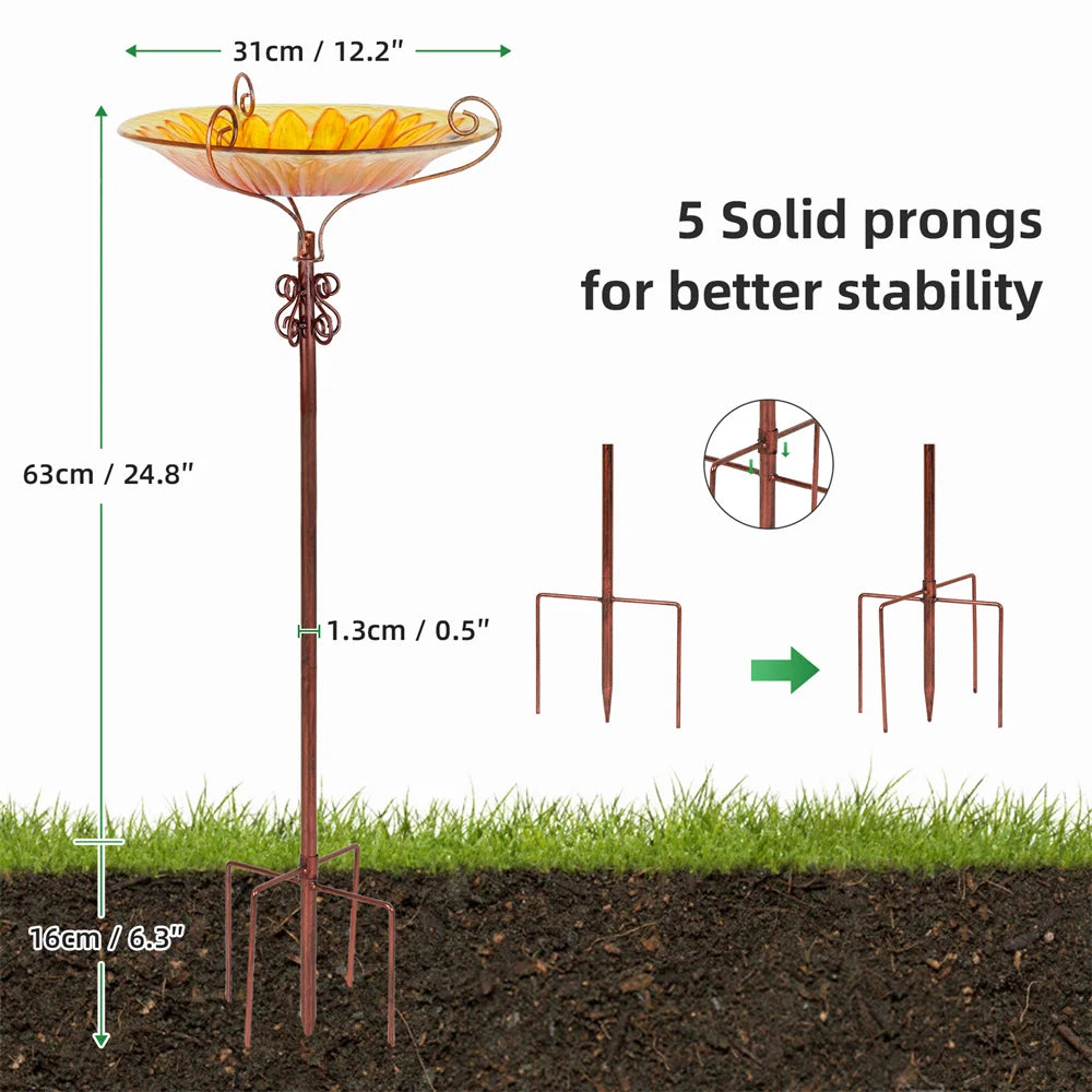 Glass Bird Bath With Metal Stake Bee Sunflower Design