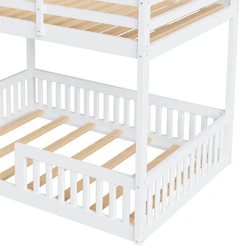 Solid wood bunk bed, minimalist design, with ladder and guardrail, white