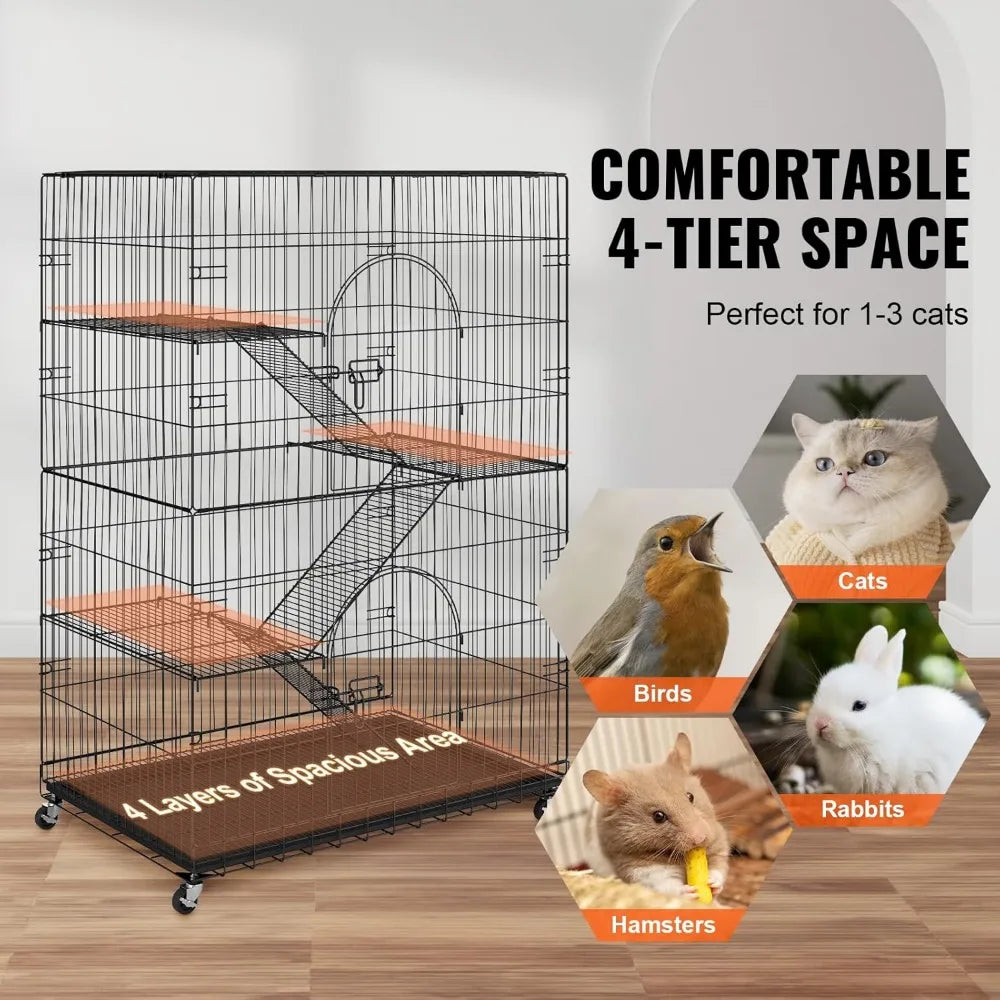 Closure 4 Tier Indoor Cat Cage Catio Enclosure On Wheels Large Lockable Cat Kennel Playpen