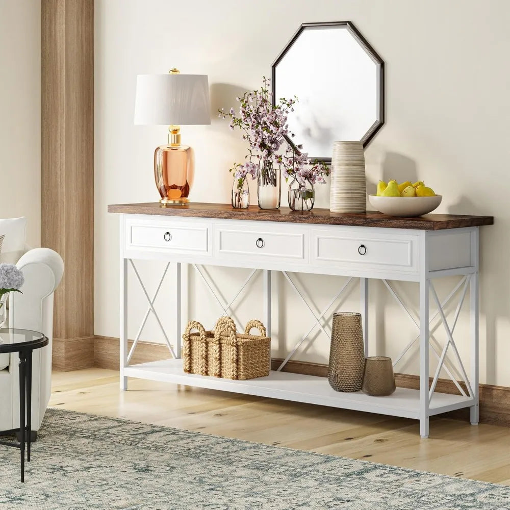 70.8 Inch Farmhouse Console Table With 3 Drawers White