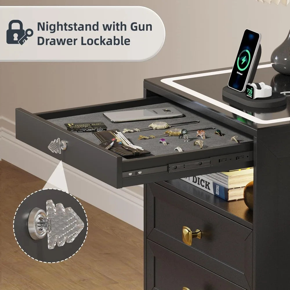 Modern LED Nightstand With 3 Drawers Glass Top And Wireless Charging