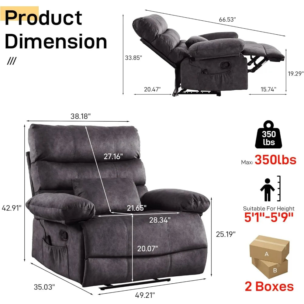 Plus Size Oversized 28 Inch Fleece Recliner With Pockets