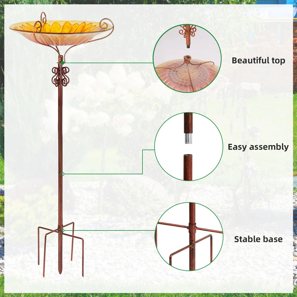 Glass Bird Bath With Metal Stake Bee Sunflower Design